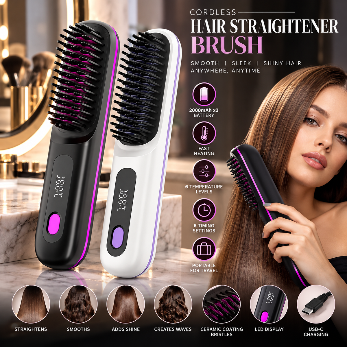 Teckwe Cordless SmoothStyle Pro – Rechargeable Hair Straightening Brush
