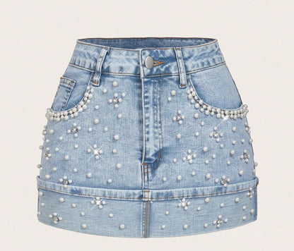 MOD Women's Fashion Pearl Decor Pocket Denim Mini Skirt