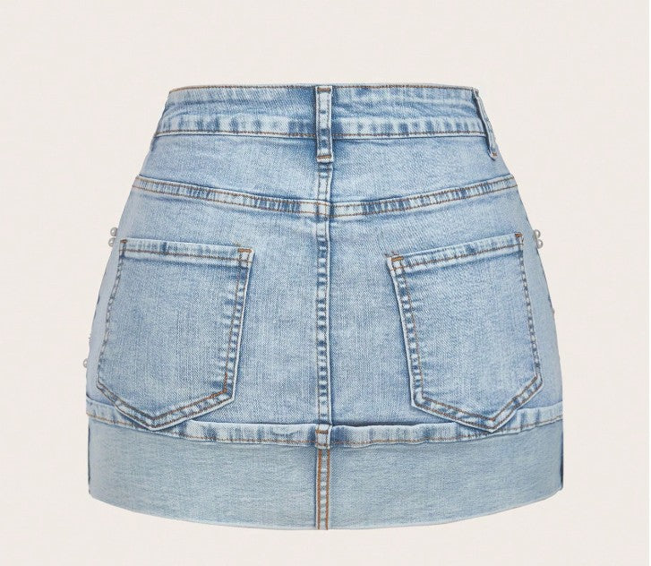 MOD Women's Fashion Pearl Decor Pocket Denim Mini Skirt