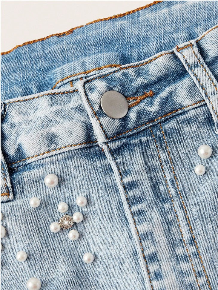 MOD Women's Fashion Pearl Decor Pocket Denim Mini Skirt