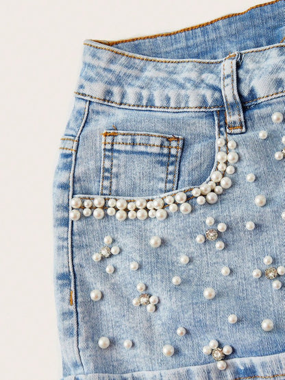 MOD Women's Fashion Pearl Decor Pocket Denim Mini Skirt