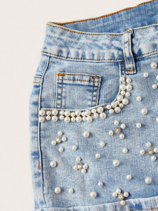 MOD Women's Fashion Pearl Decor Pocket Denim Mini Skirt