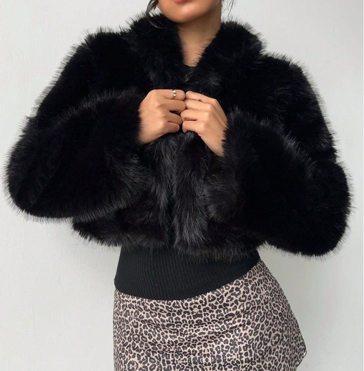 Flirla 1pc Women's Luxury Elegant Faux Fur Lined Jacket, Wine Red