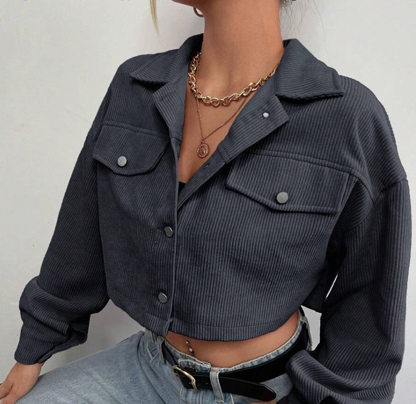EZwear Grey-Blue Woven Corduroy Short Jacket In Fall/Winter