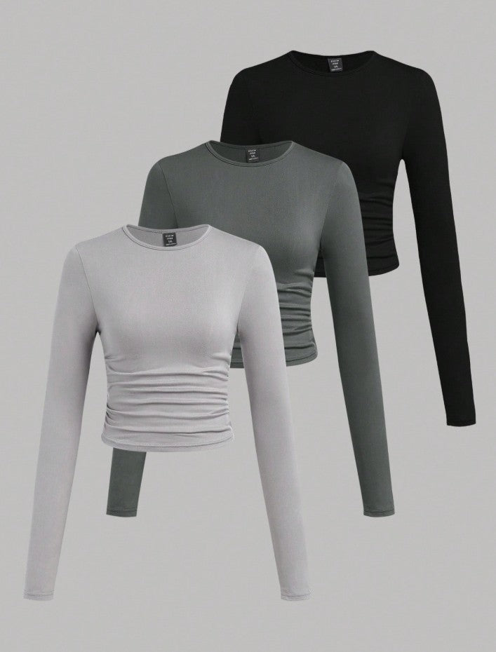 3-Piece Ruched Long Sleeve T-Shirt Set
