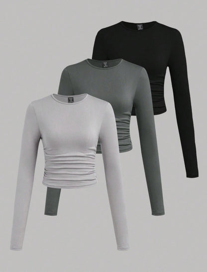 3-Piece Ruched Long Sleeve T-Shirt Set