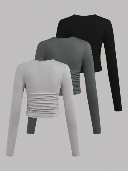 3-Piece Ruched Long Sleeve T-Shirt Set