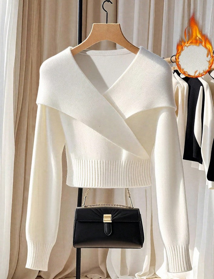 Franclia French-Style High-End White Oversized Collar Knit Top