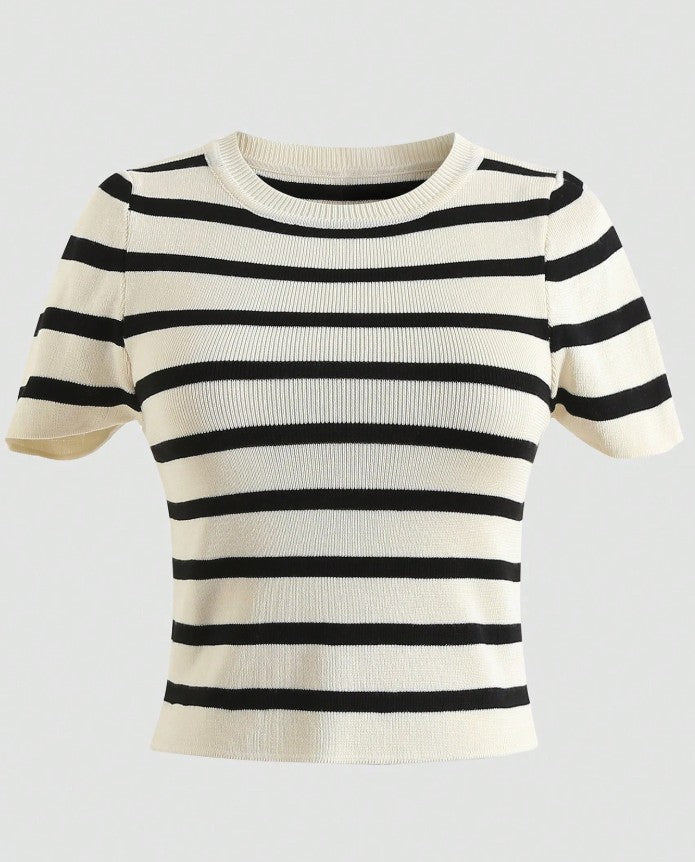Women's Summer Striped Short Sleeve Casual Knit Cropped T-Shirt