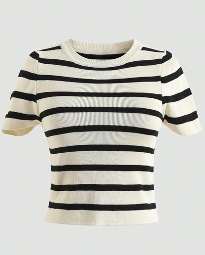 Women's Summer Striped Short Sleeve Casual Knit Cropped T-Shirt
