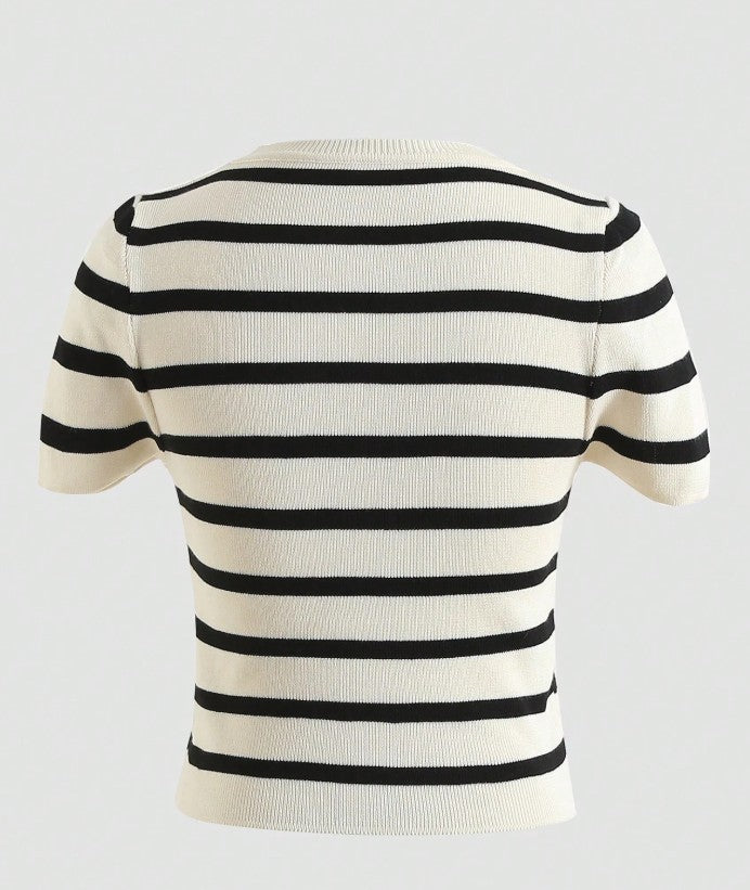 Women's Summer Striped Short Sleeve Casual Knit Cropped T-Shirt