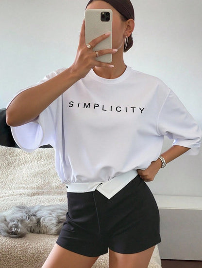 Livesso Loose Fit Letter Print Short Sleeve Round Neck T-Shirt