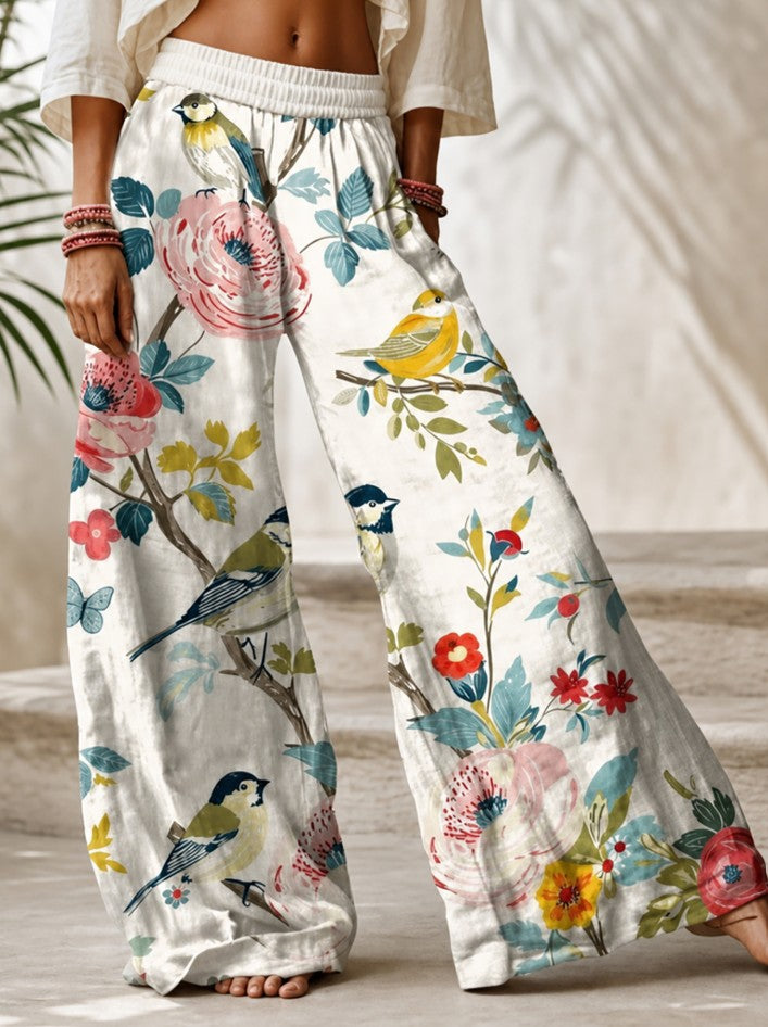 Plus Size Women's Bohemian Floral & Bird Print Elastic Waist Wide Leg Pants