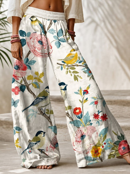 Plus Size Women's Bohemian Floral & Bird Print Elastic Waist Wide Leg Pants