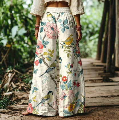 Plus Size Women's Bohemian Floral & Bird Print Elastic Waist Wide Leg Pants