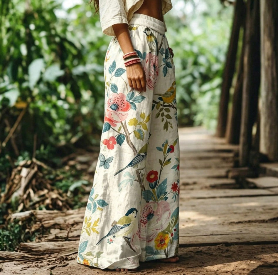 Plus Size Women's Bohemian Floral & Bird Print Elastic Waist Wide Leg Pants