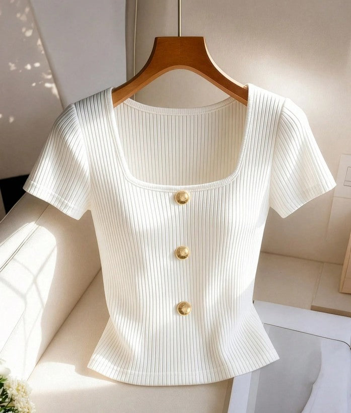 Elenzga Plus Size Women's Solid Color Square Neck Fitted Versatile Everyday Short Sleeve T-Shirt