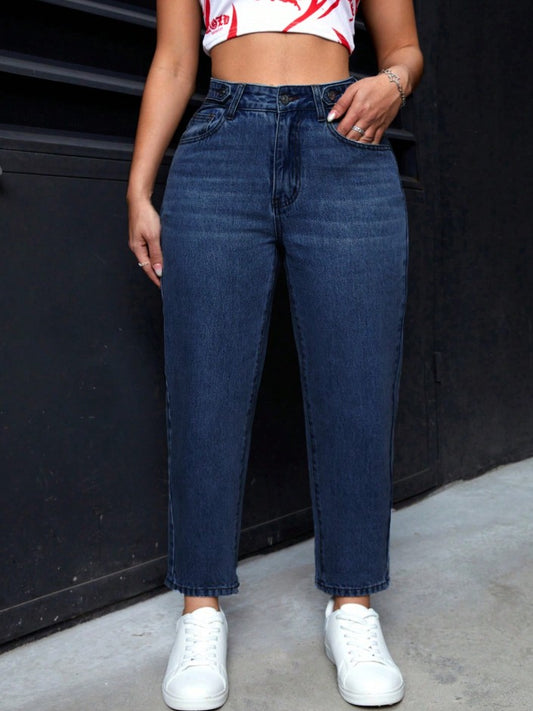 Plus Size Women Pockets Button Casual Versatile Daily Wear Denim Jeans