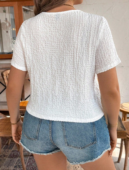 Plus Size Women's Summer Solid Color V-Neck Short Sleeve Casual Shirt With Split Hem