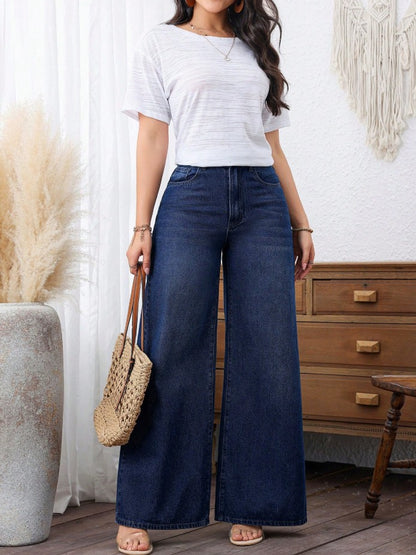 Plus Size Women Casual Pockets Loose Denim Wide Leg Pants