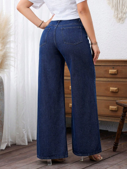 Plus Size Women Casual Pockets Loose Denim Wide Leg Pants