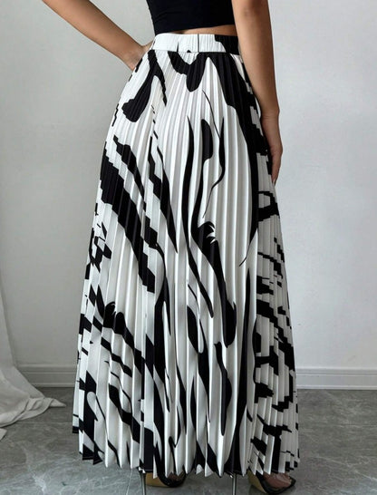 Women's Elegant Black And White Striped Pleated A-Line Skirt