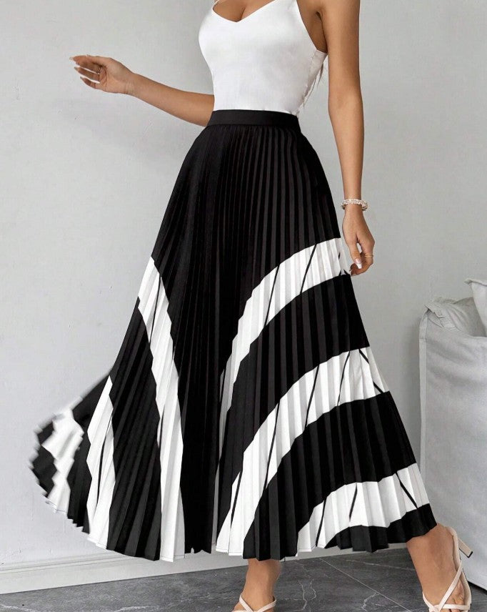 Women's Elegant Black And White Striped Pleated A-Line Skirt