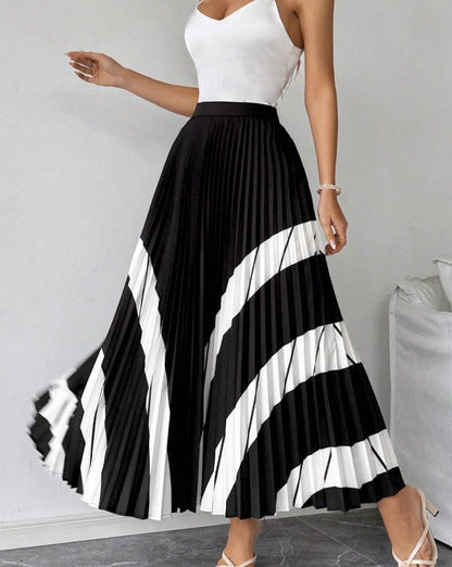 Women's Elegant Black And White Striped Pleated A-Line Skirt