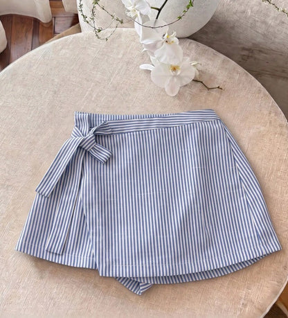 Women's Elegant Blue And White Striped Tied-Knit Culottes And Shorts
