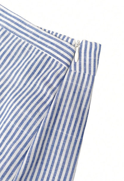Women's Elegant Blue And White Striped Tied-Knit Culottes And Shorts