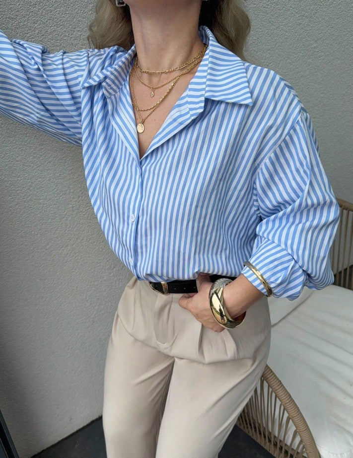 Loose Casual Striped Women Shirt,Long Sleeve Tops