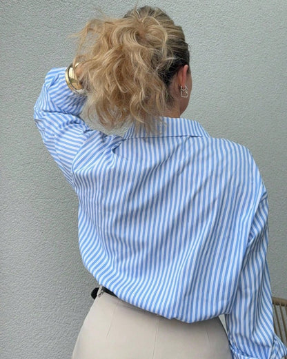 Loose Casual Striped Women Shirt,Long Sleeve Tops