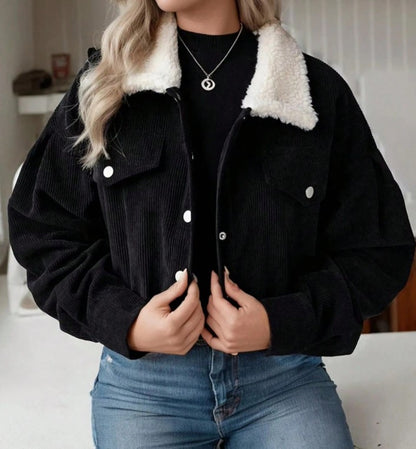 Women Fall Winter Corduroy Cropped Jacket, Long Sleeve Coat With Faux Fur Collar