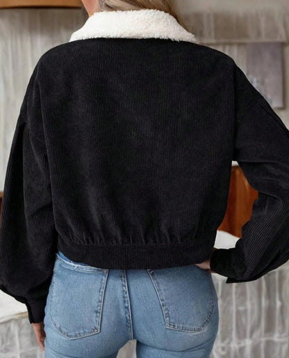 Women Fall Winter Corduroy Cropped Jacket, Long Sleeve Coat With Faux Fur Collar