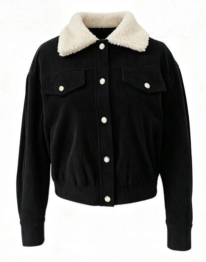 Women Fall Winter Corduroy Cropped Jacket, Long Sleeve Coat With Faux Fur Collar