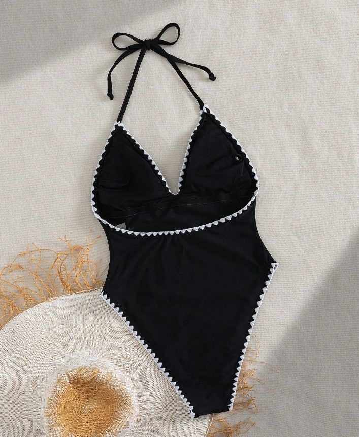 Elegant Solid Color V-Neck Contrast Trim Decorated One-Piece Swimsuit