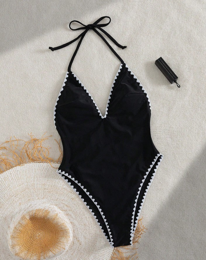 Elegant Solid Color V-Neck Contrast Trim Decorated One-Piece Swimsuit
