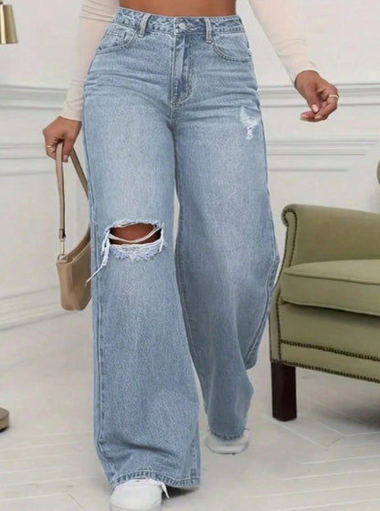 Distressed Pocket Design Wide Leg Jeans
