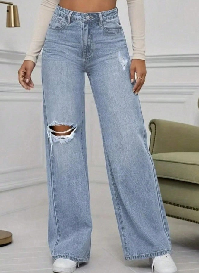 Distressed Pocket Design Wide Leg Jeans