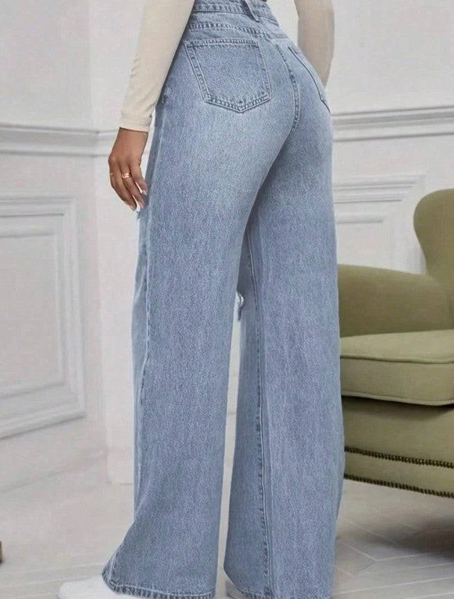 Distressed Pocket Design Wide Leg Jeans