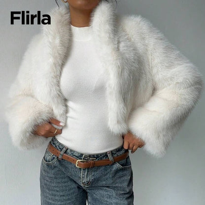 Flirla 1pc Women's Luxury Elegant Faux Fur Lined Jacket, Wine Red