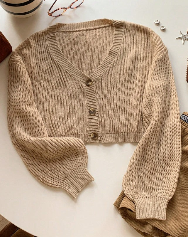 Luxury Rib Knit Lantern Sleeve Cardigan