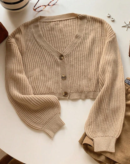 Luxury Rib Knit Lantern Sleeve Cardigan